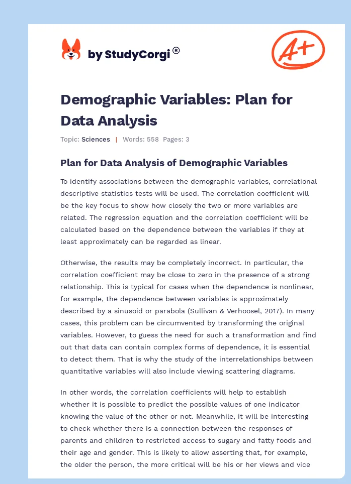 Demographic Variables: Plan for Data Analysis. Page 1