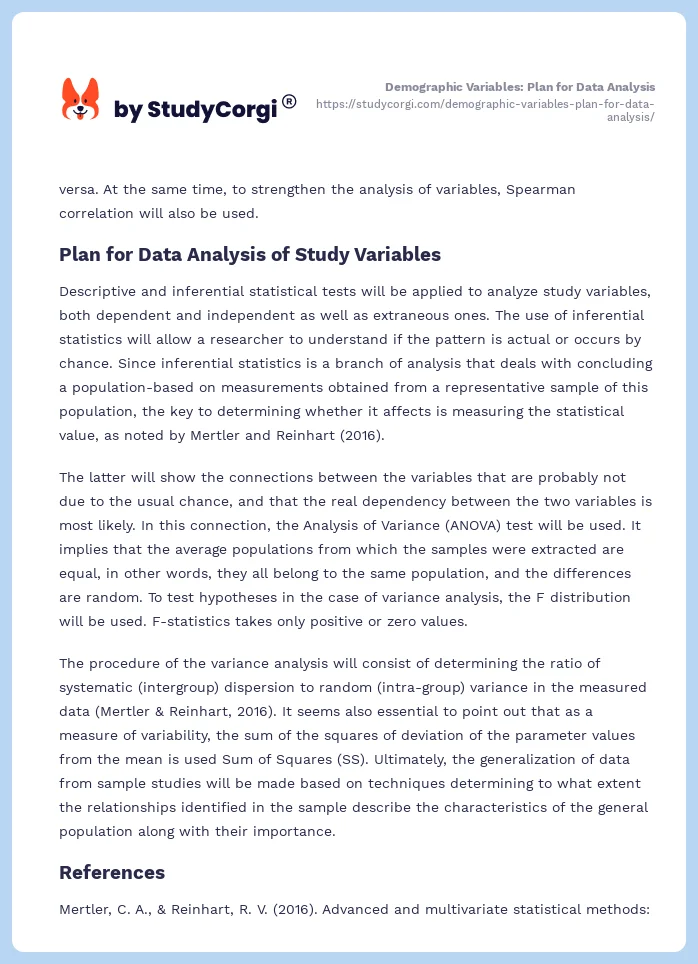 Demographic Variables: Plan for Data Analysis. Page 2
