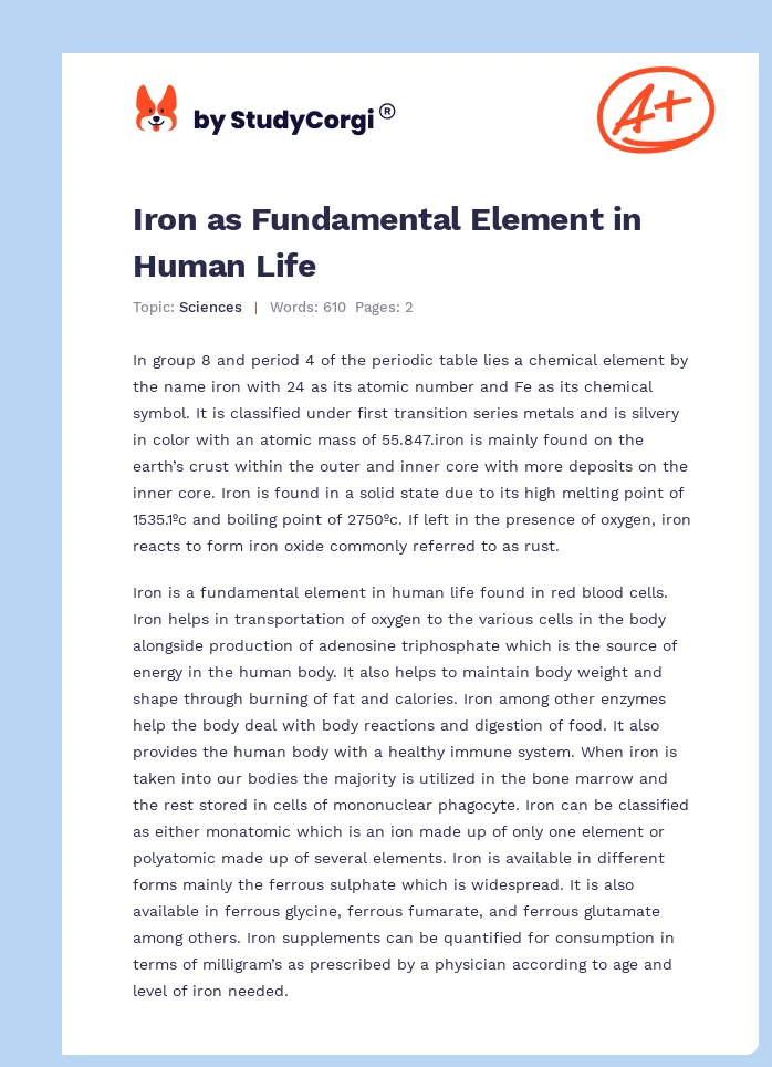 Iron as Fundamental Element in Human Life. Page 1