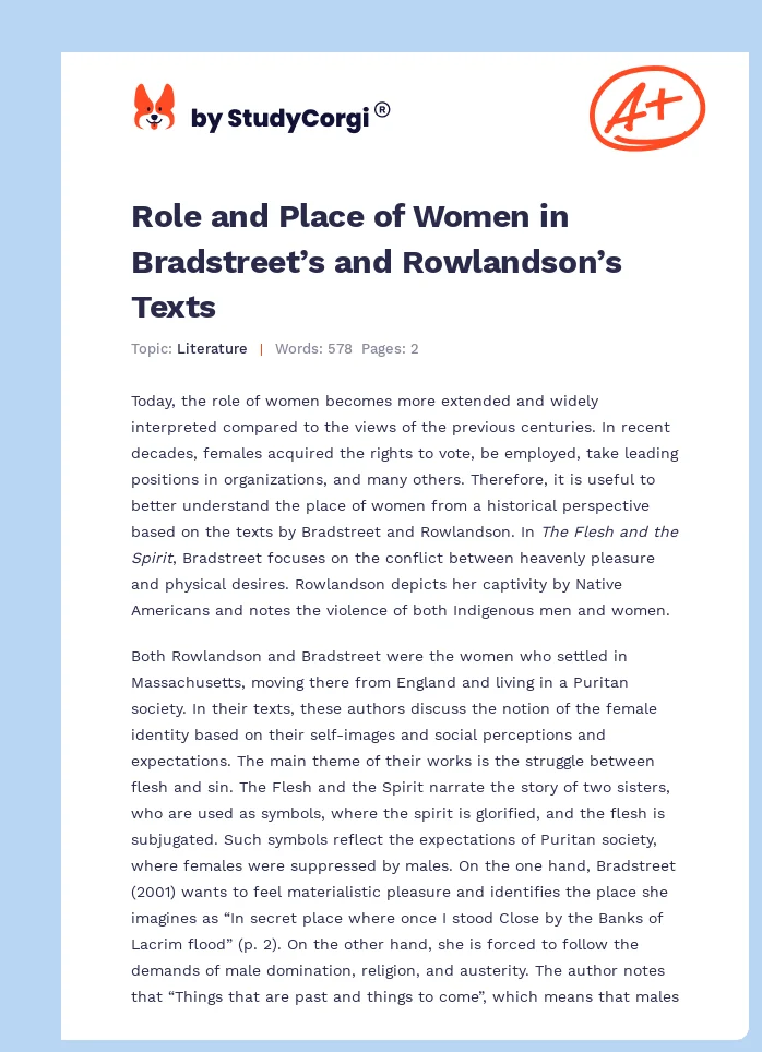 Role and Place of Women in Bradstreet’s and Rowlandson’s Texts. Page 1
