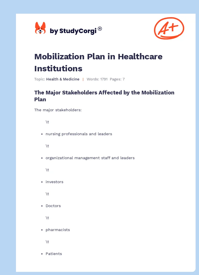 Mobilization Plan in Healthcare Institutions. Page 1