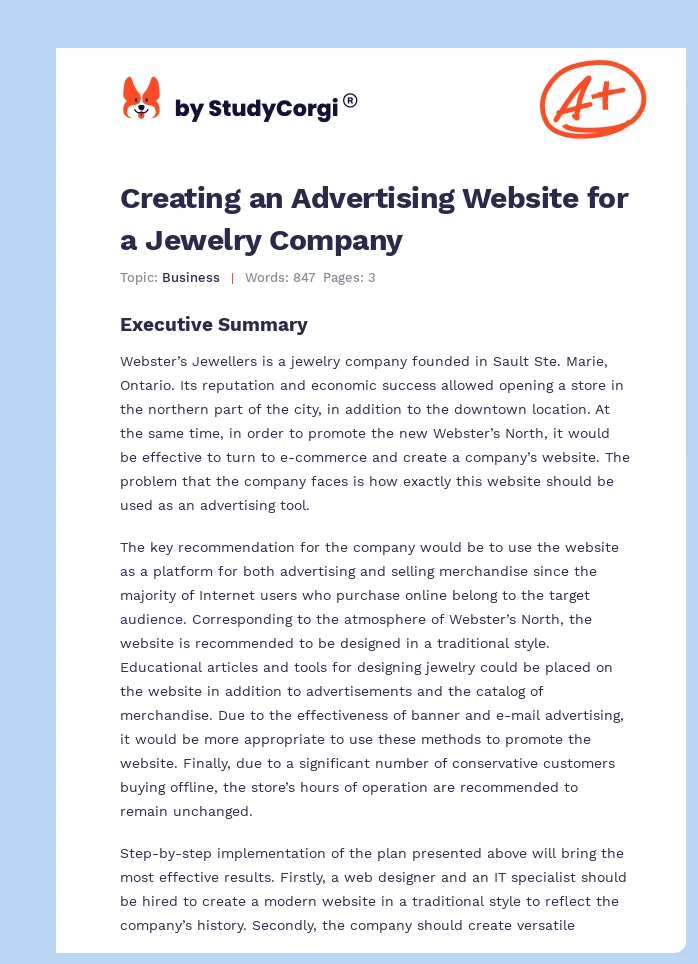 Creating an Advertising Website for a Jewelry Company. Page 1