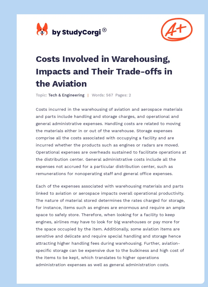 Costs Involved in Warehousing, Impacts and Their Trade-offs in the Aviation. Page 1