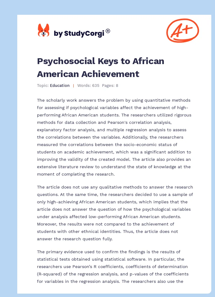 Psychosocial Keys to African American Achievement. Page 1
