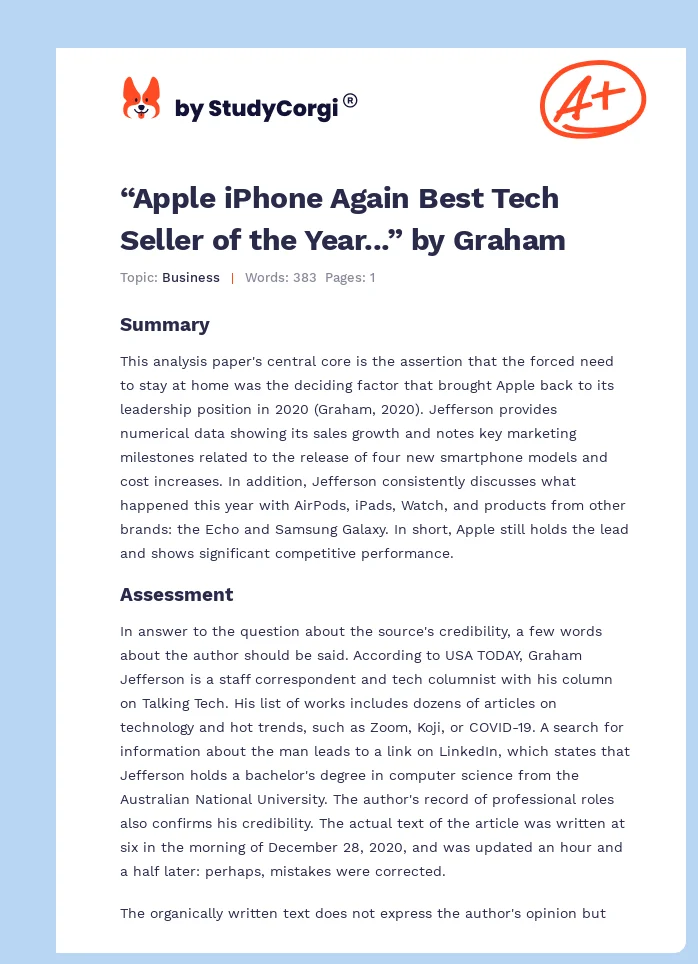 “Apple iPhone Again Best Tech Seller of the Year...” by Graham. Page 1