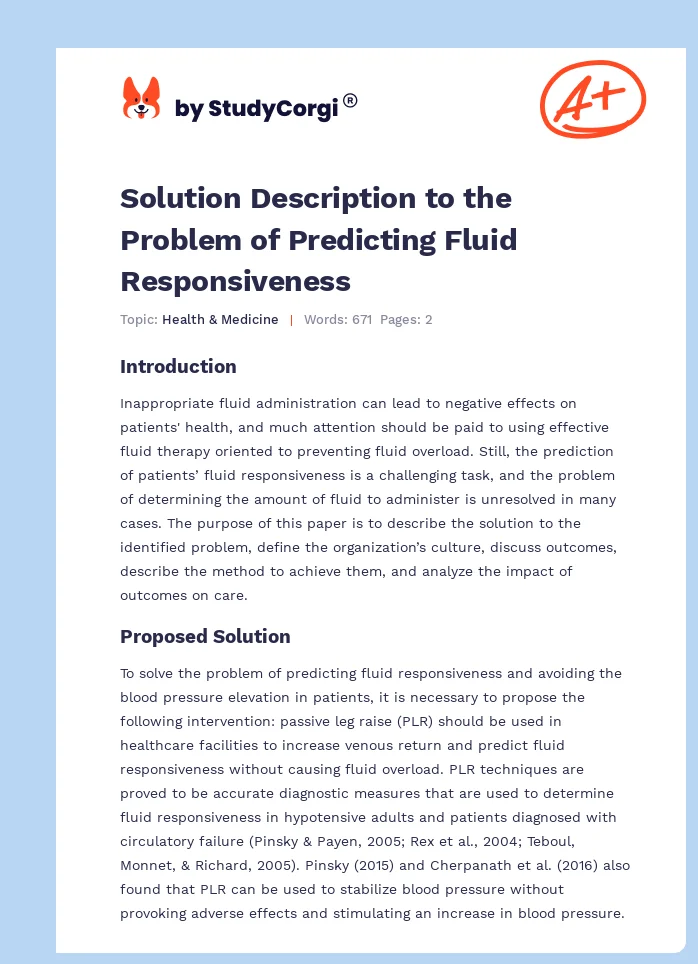 Solution Description to the Problem of Predicting Fluid Responsiveness. Page 1