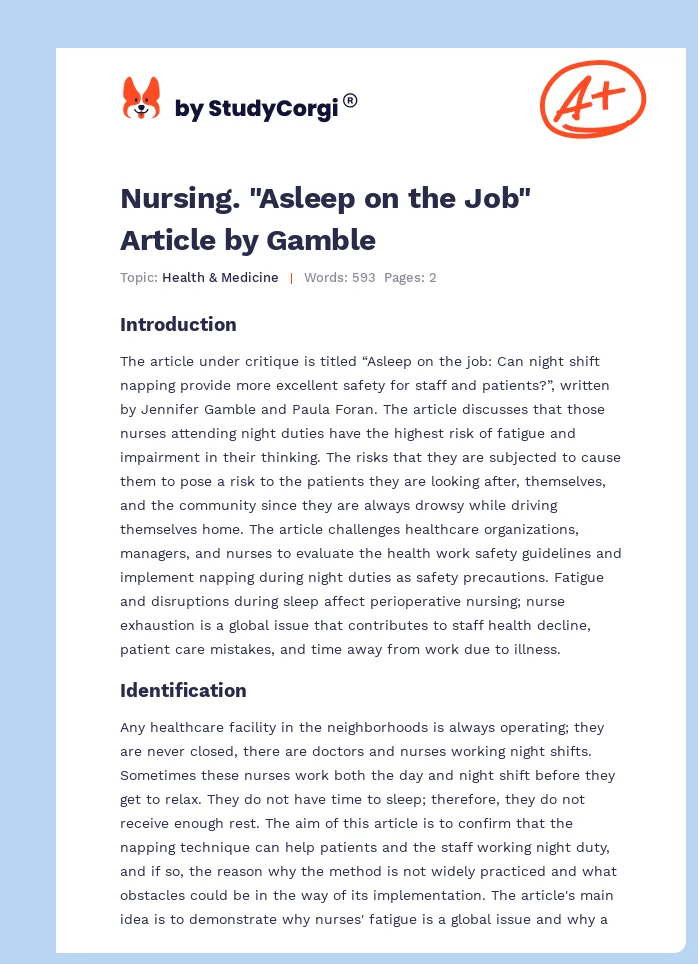 Nursing. "Asleep on the Job" Article by Gamble. Page 1