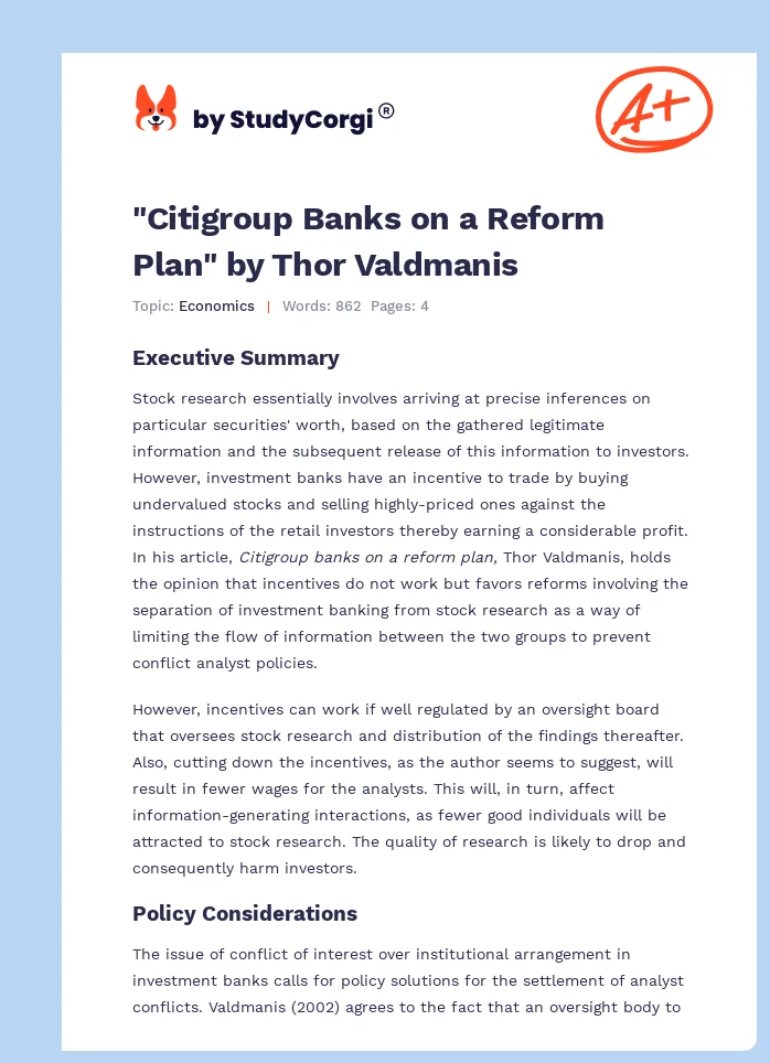 "Citigroup Banks on a Reform Plan" by Thor Valdmanis. Page 1