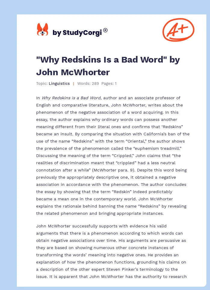 "Why Redskins Is a Bad Word" by John McWhorter. Page 1