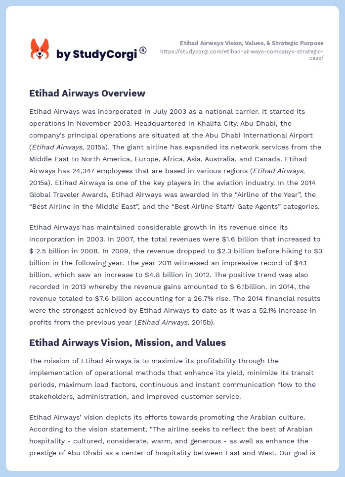 Etihad Airways Vision, Values, & Strategic Purpose. Page 2
