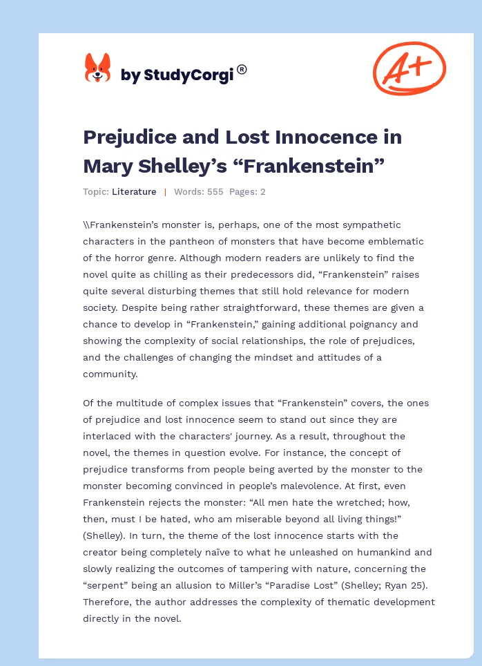 Prejudice and Lost Innocence in Mary Shelley’s “Frankenstein”. Page 1