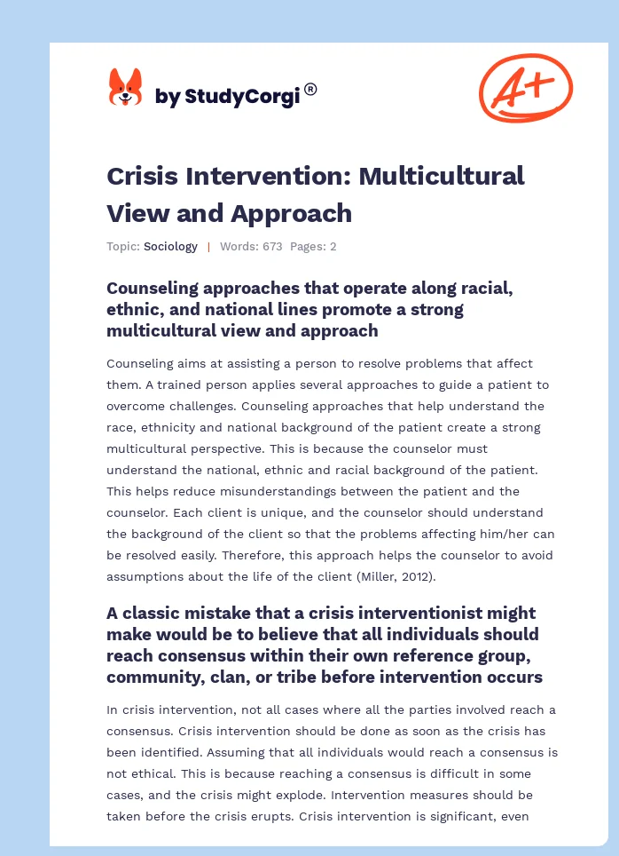 Crisis Intervention: Multicultural View and Approach. Page 1