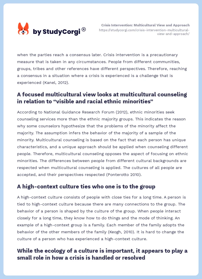 Crisis Intervention: Multicultural View and Approach. Page 2