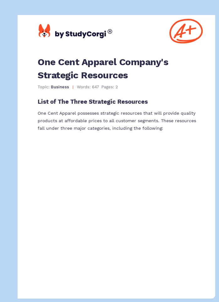 One Cent Apparel Company's Strategic Resources. Page 1