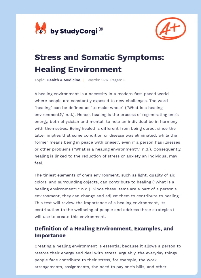 Stress and Somatic Symptoms: Healing Environment. Page 1