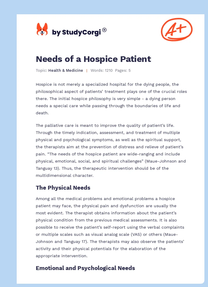 Needs of a Hospice Patient. Page 1