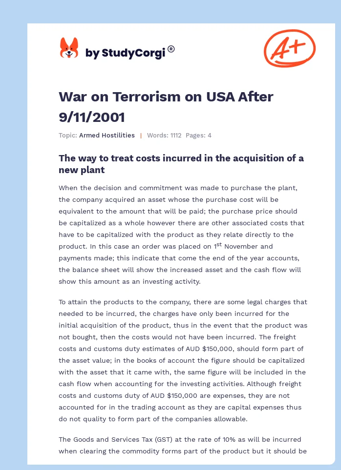 War on Terrorism on USA After 9/11/2001. Page 1