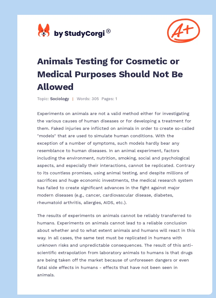 Animals Testing for Cosmetic or Medical Purposes Should Not Be Allowed. Page 1