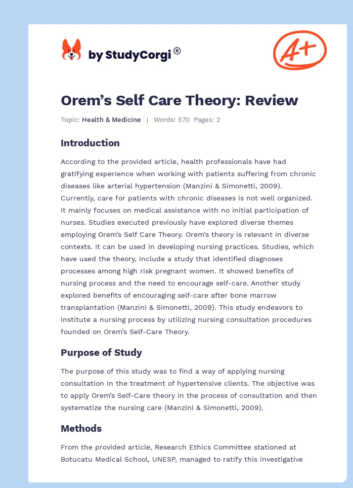 Orem’s Self Care Theory: Review. Page 1