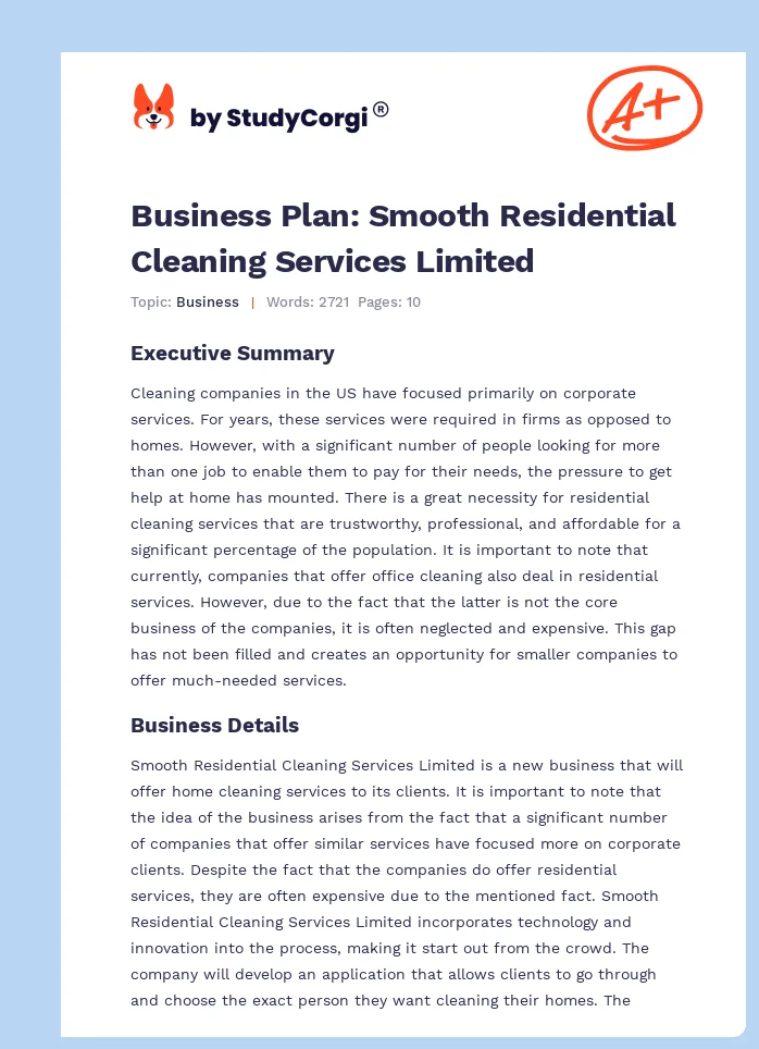 Business Plan: Smooth Residential Cleaning Services Limited. Page 1