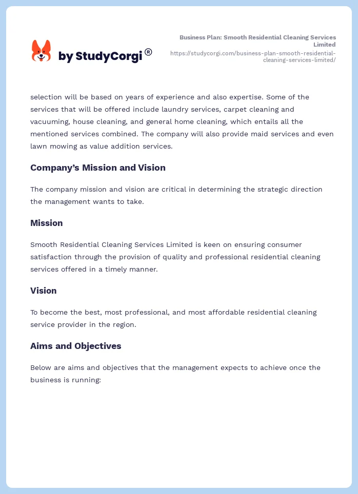 Business Plan: Smooth Residential Cleaning Services Limited. Page 2