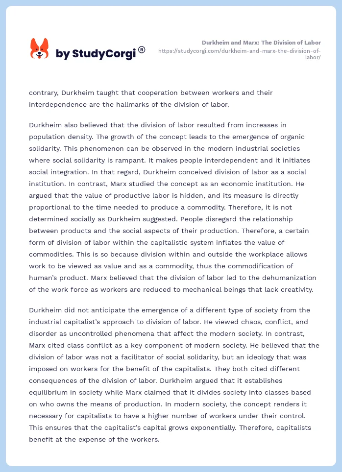 Durkheim and Marx: The Division of Labor. Page 2