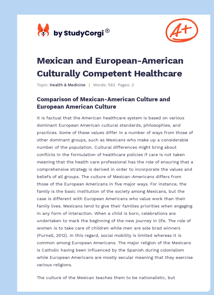 Mexican and European-American Culturally Competent Healthcare. Page 1
