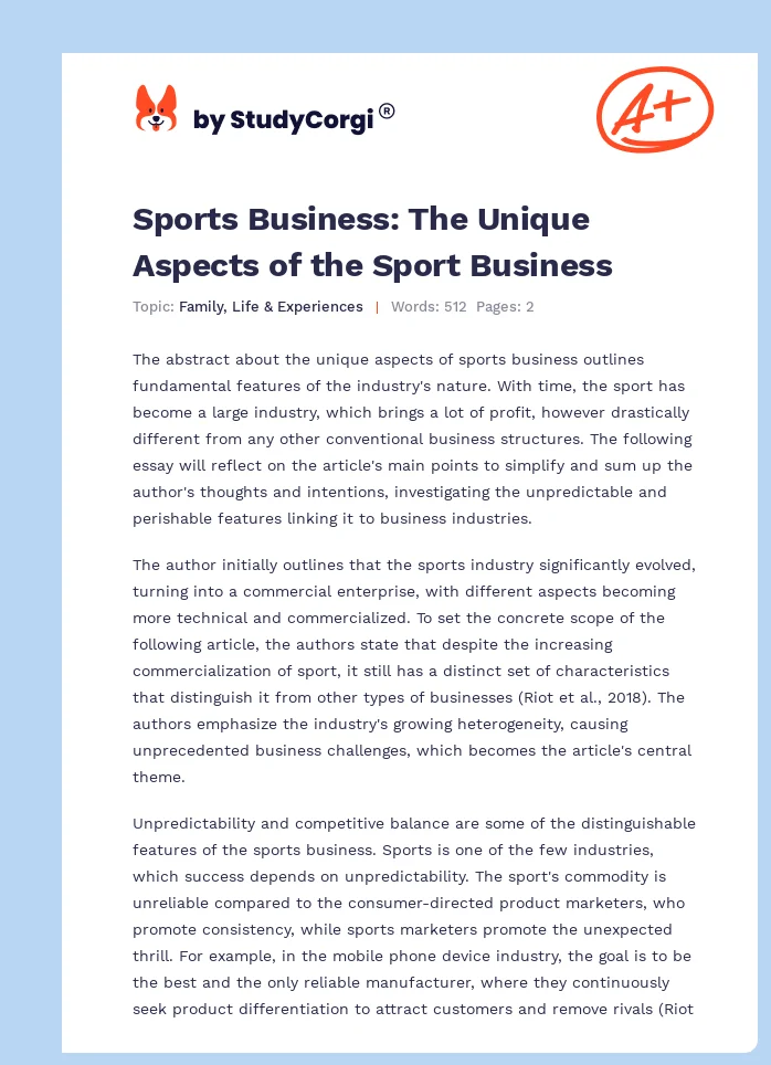 Sports Business: The Unique Aspects of the Sport Business. Page 1