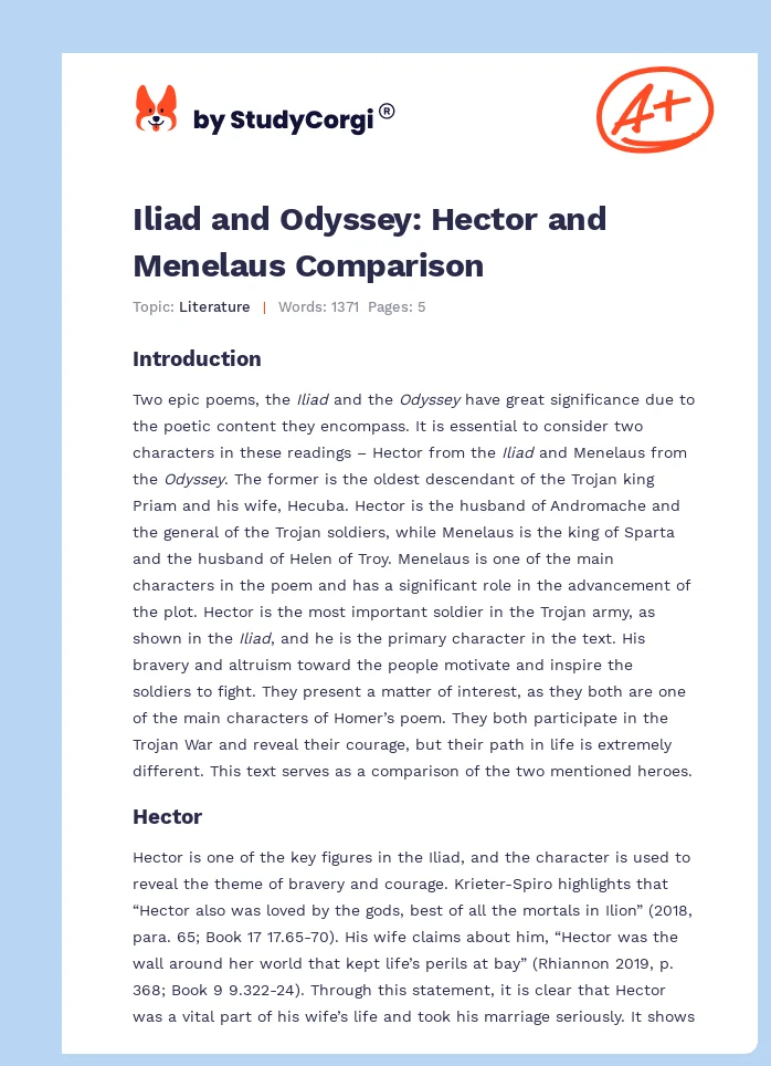 Iliad and Odyssey: Hector and Menelaus Comparison. Page 1