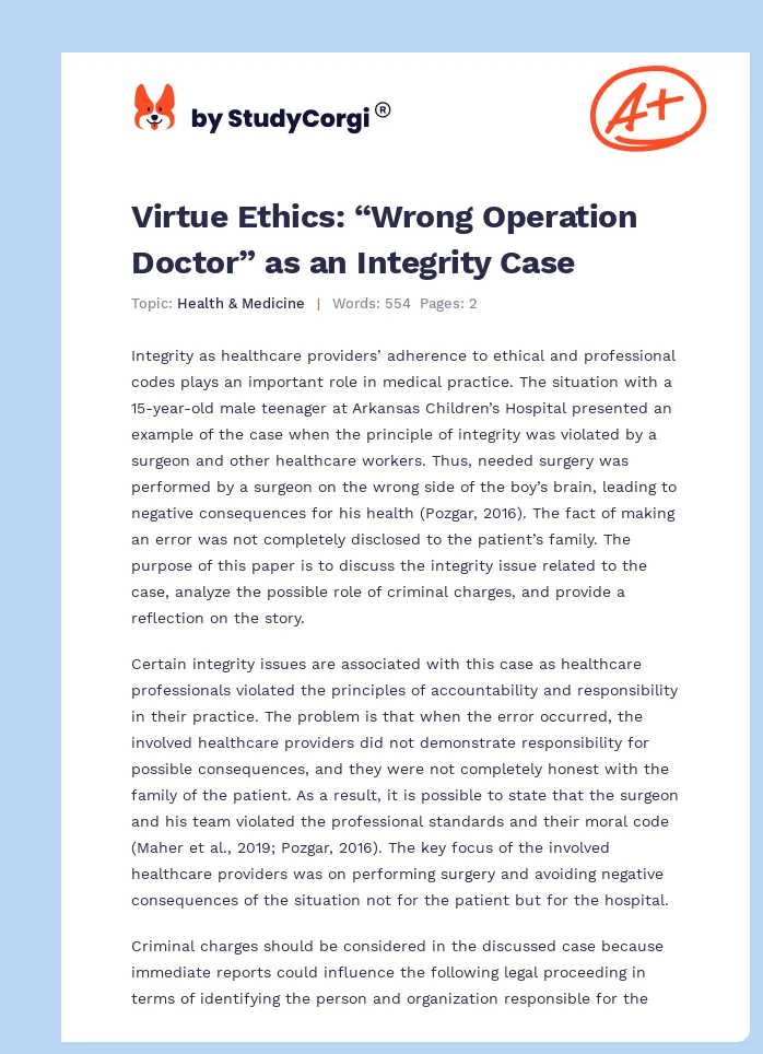 Virtue Ethics: “Wrong Operation Doctor” as an Integrity Case. Page 1