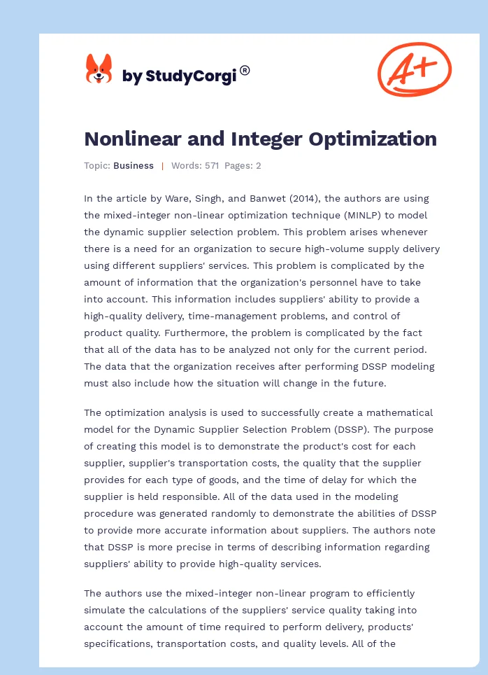 Nonlinear and Integer Optimization. Page 1