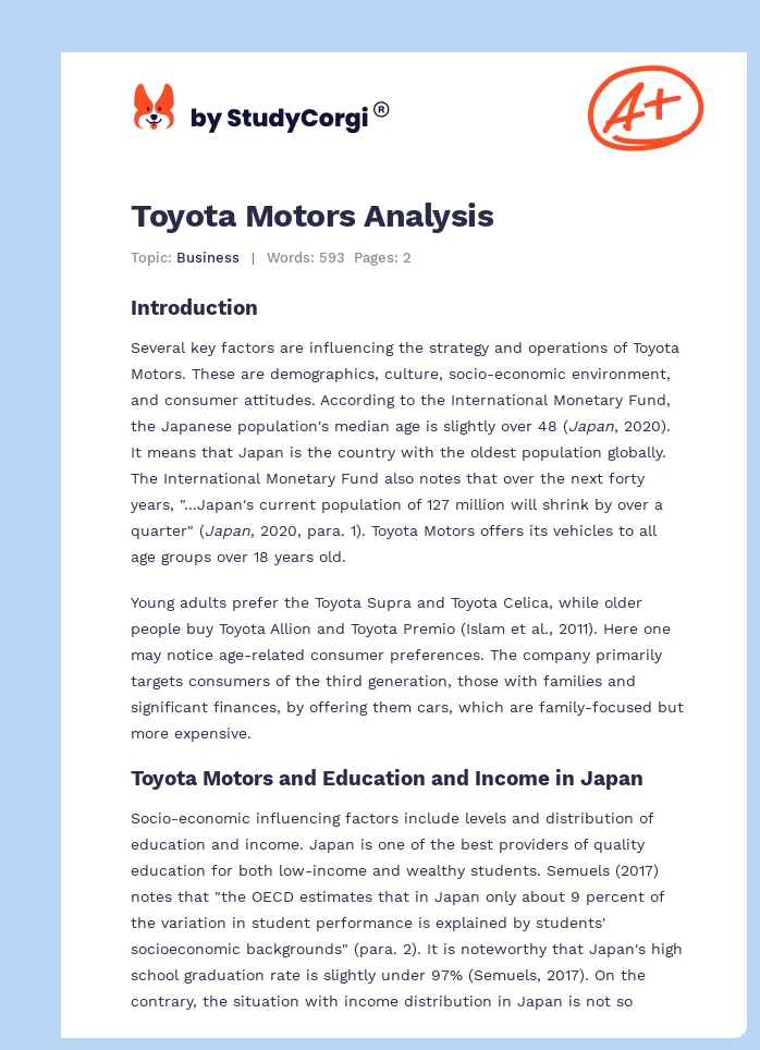Toyota Motors Analysis. Page 1