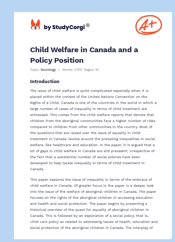 Child Welfare in Canada and a Policy Position. Page 1