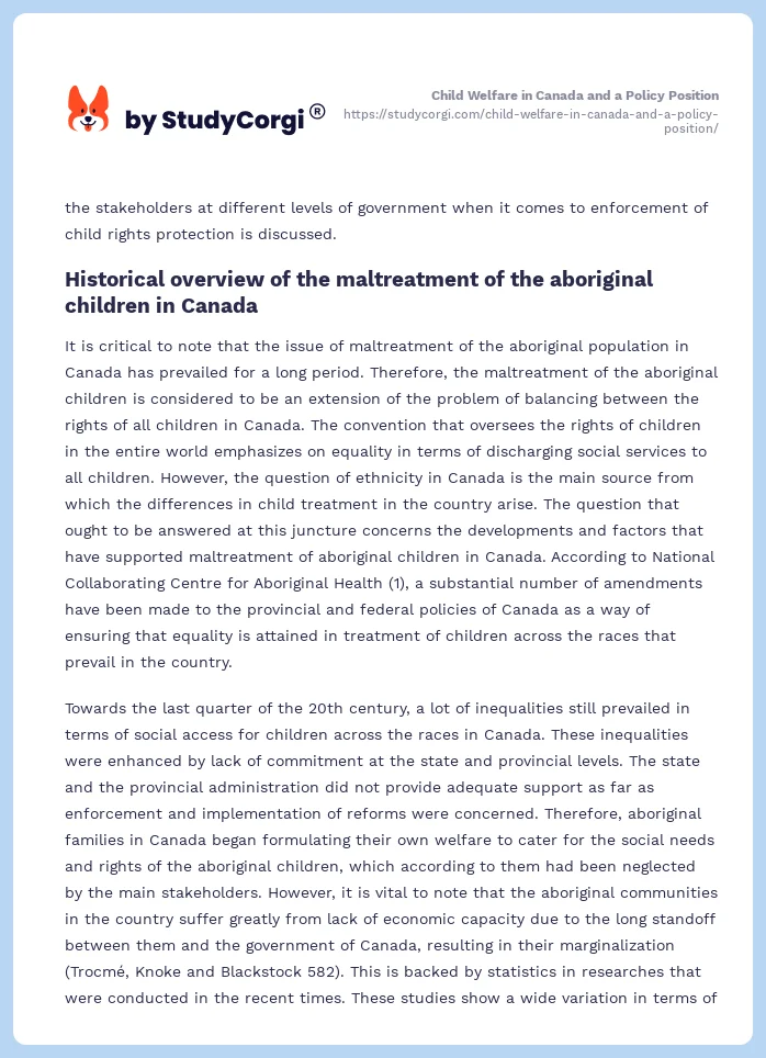 Child Welfare in Canada and a Policy Position. Page 2