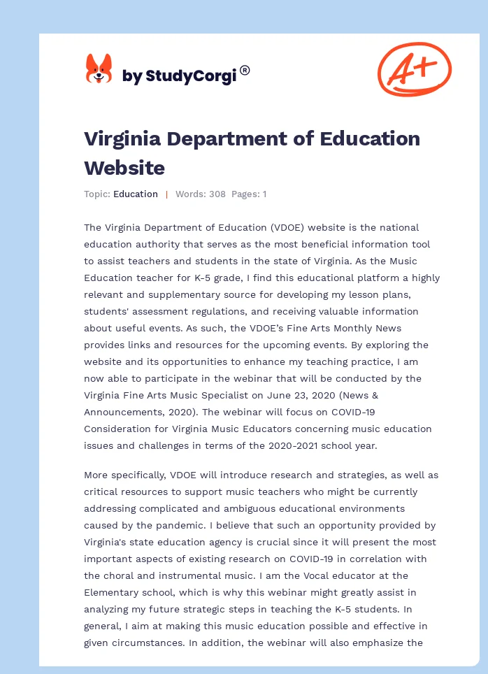 Virginia Department of Education Website. Page 1