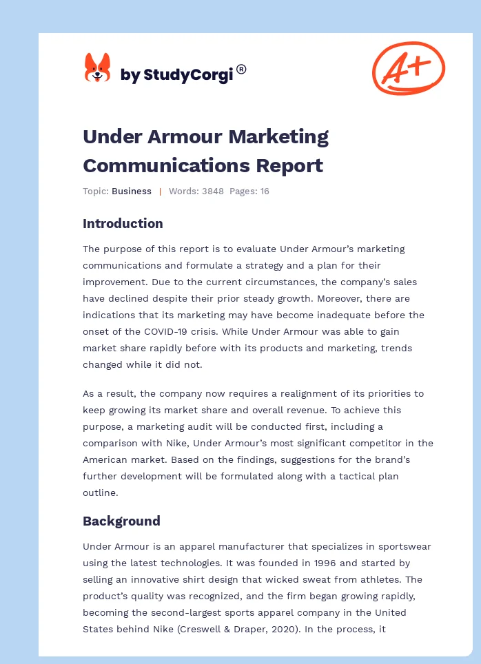 Under Armour Marketing Communications Report. Page 1