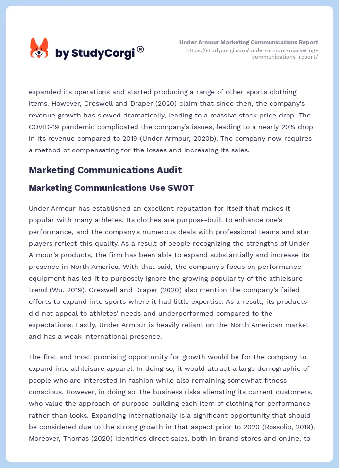 Under Armour Marketing Communications Report. Page 2