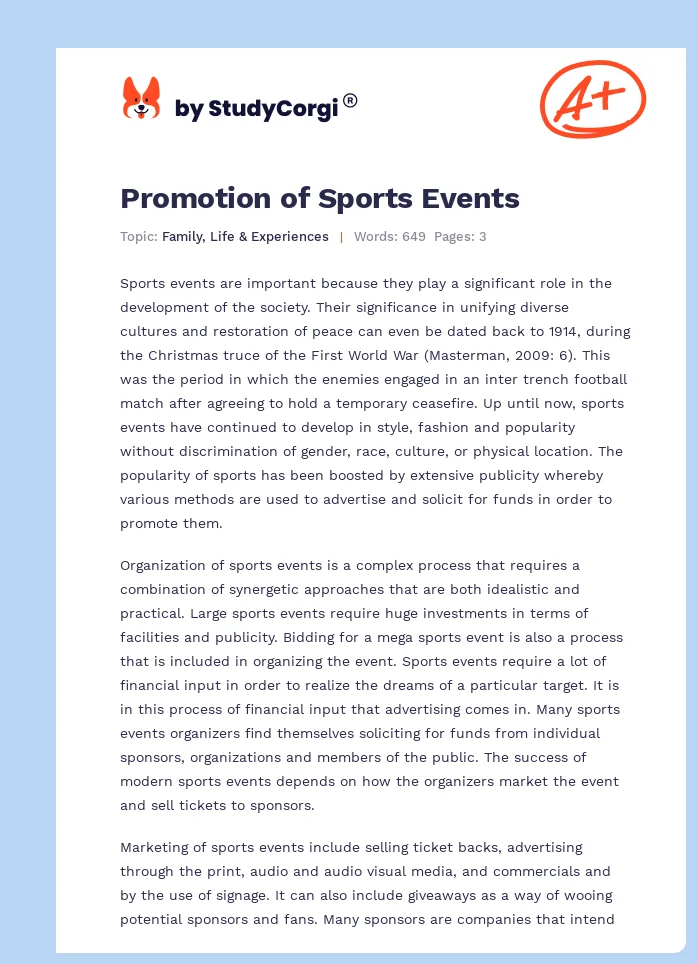 Promotion of Sports Events. Page 1