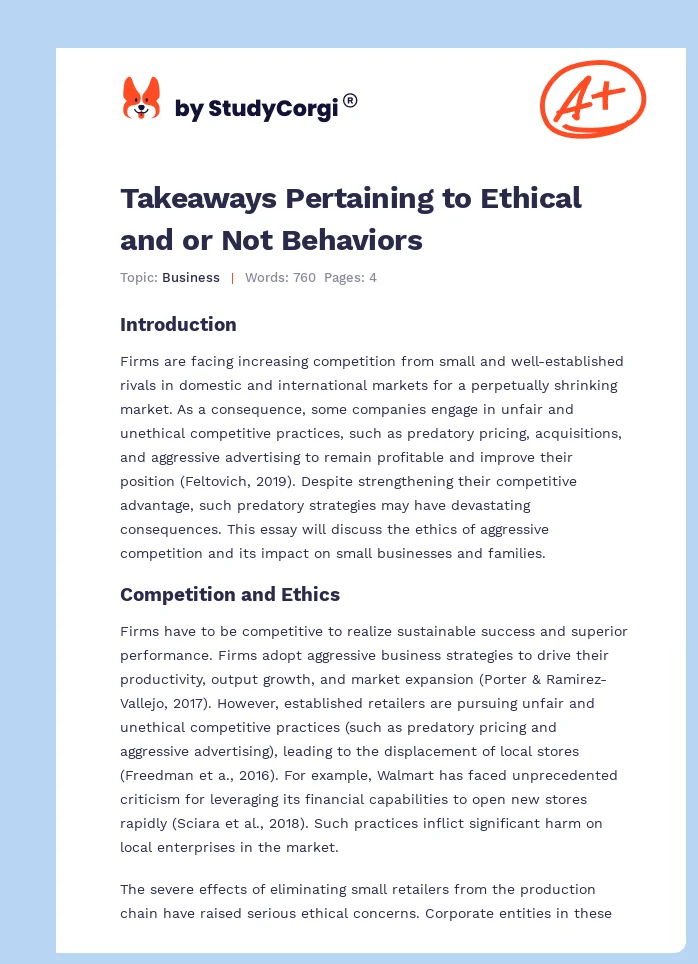 Takeaways Pertaining to Ethical and or Not Behaviors. Page 1