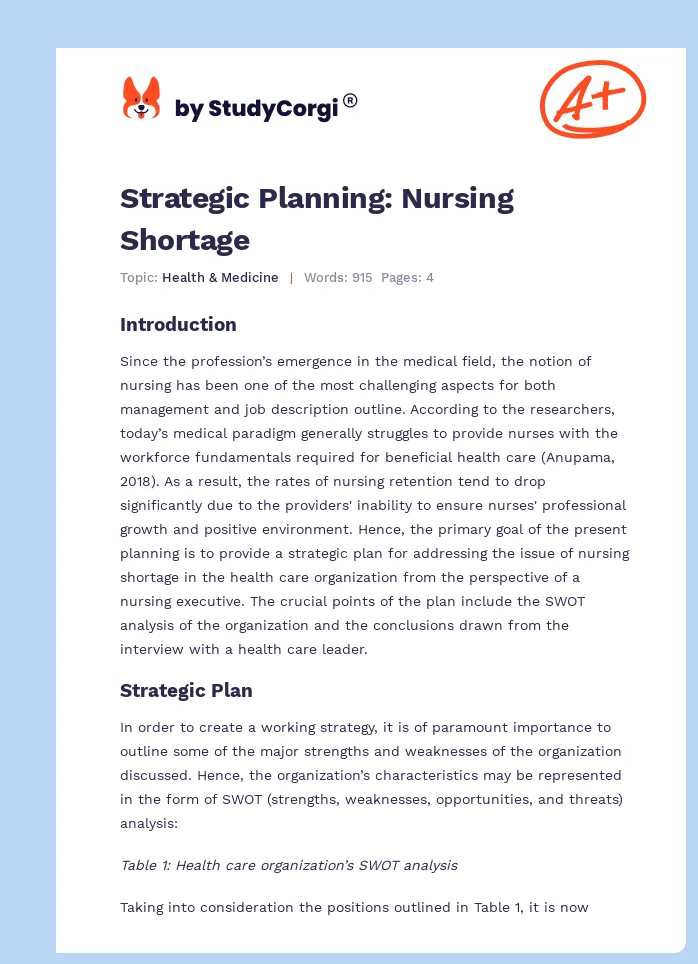 Strategic Planning: Nursing Shortage. Page 1