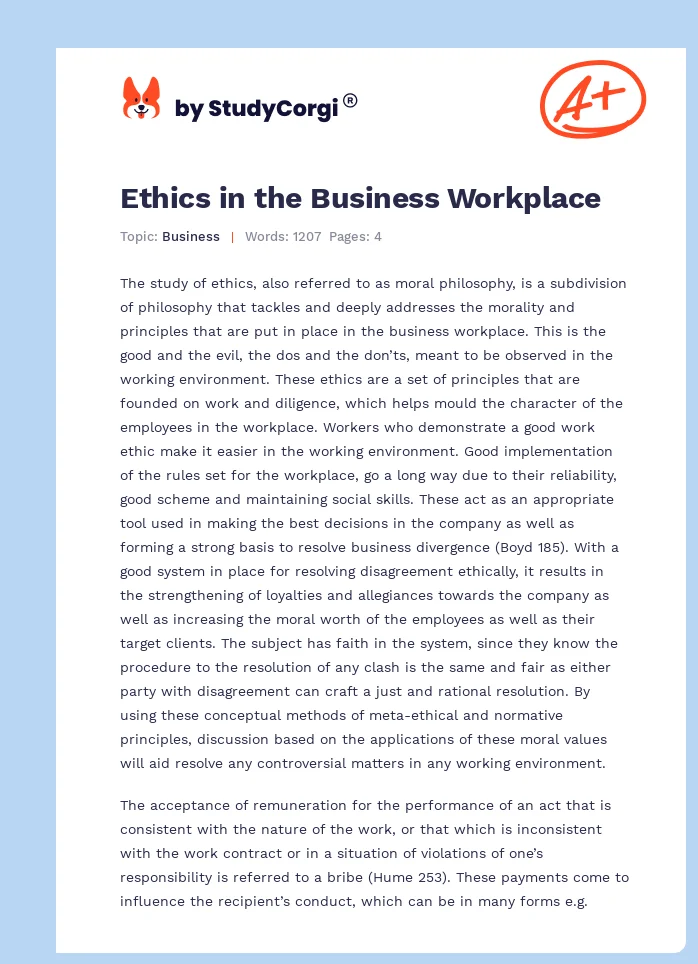 Ethics in the Business Workplace. Page 1
