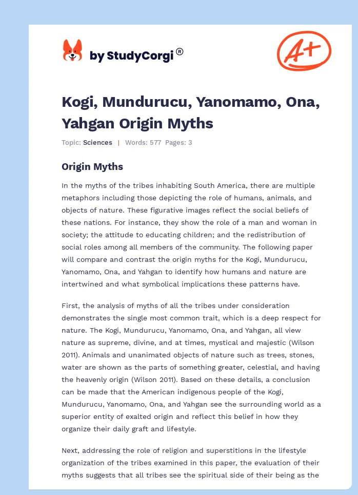 Kogi, Mundurucu, Yanomamo, Ona, Yahgan Origin Myths. Page 1