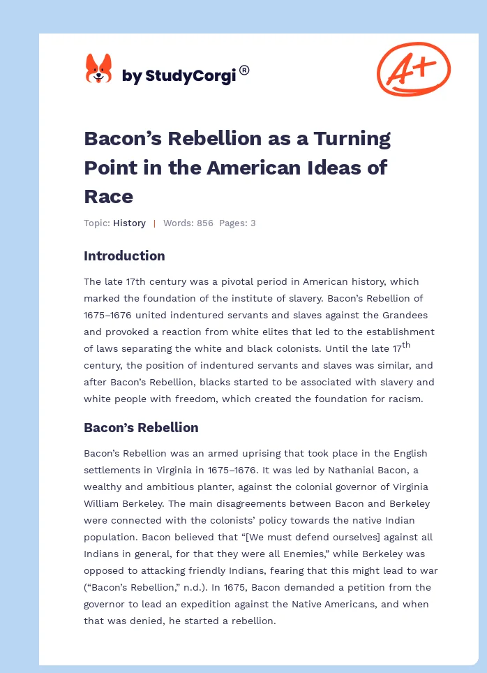Bacon’s Rebellion as a Turning Point in the American Ideas of Race. Page 1