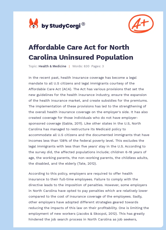Affordable Care Act for North Carolina Uninsured Population. Page 1