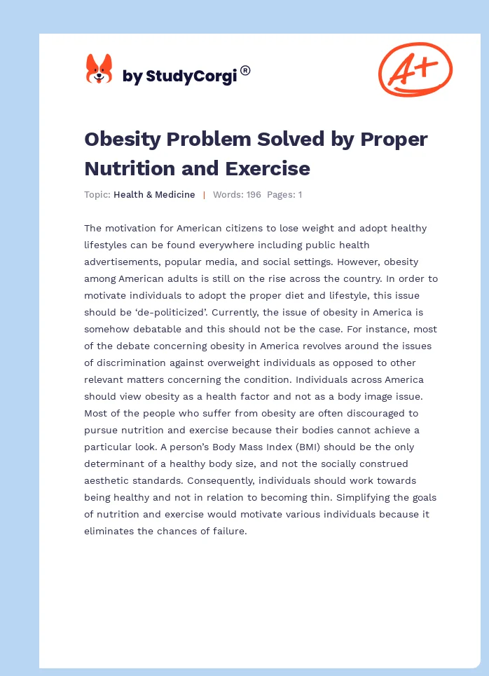 Obesity Problem Solved by Proper Nutrition and Exercise. Page 1
