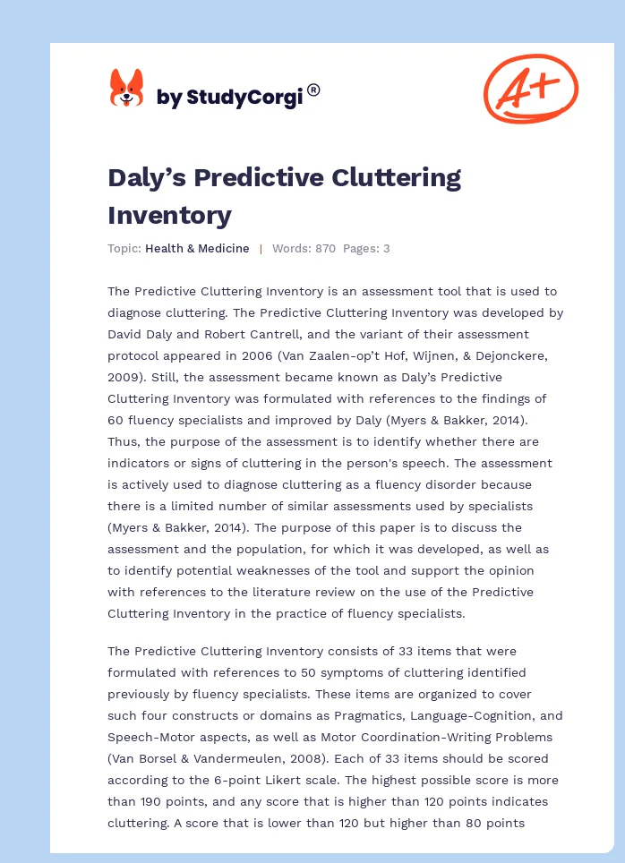 Daly’s Predictive Cluttering Inventory. Page 1