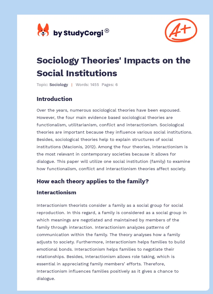 Sociology Theories' Impacts on the Social Institutions. Page 1