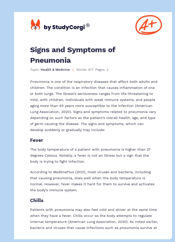 Signs and Symptoms of Pneumonia. Page 1