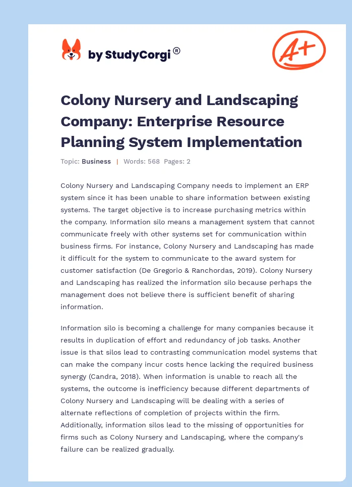 Colony Nursery and Landscaping Company: Enterprise Resource Planning System Implementation. Page 1