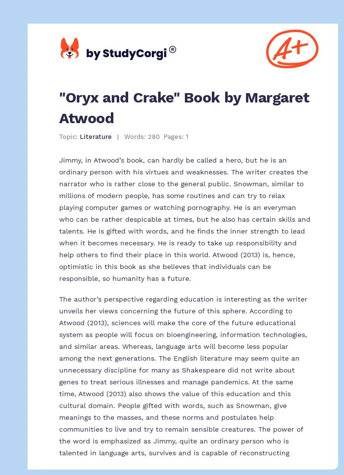"Oryx and Crake" Book by Margaret Atwood. Page 1